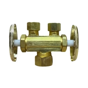 3/8" OD X 3/8" OD X 5/8" OD Brass Dual Shutoff Stop  (Lead-Free)