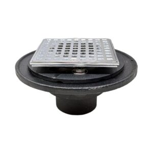 2"  No-Hub Cast Iron Shower Drain With 4" Chrome Plated Brass Square Strainer